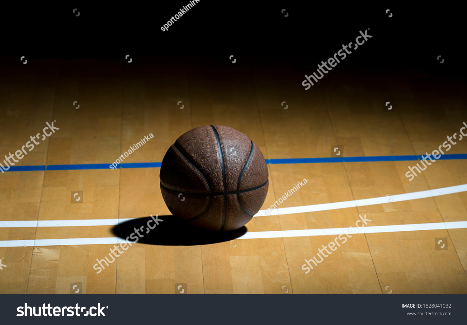 Basketball On Hardwood Court Floor Spot Stock Photo 1828041032 ...