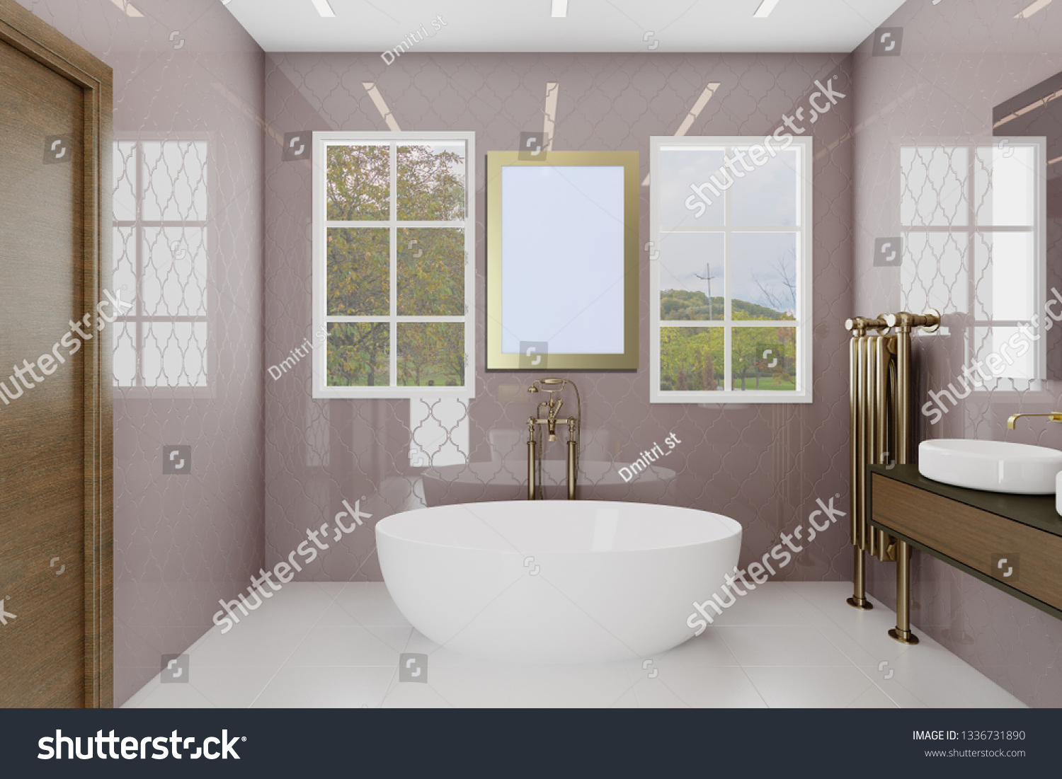 Bathroom Large Windows Decorative Purple Tiles Stock Illustration