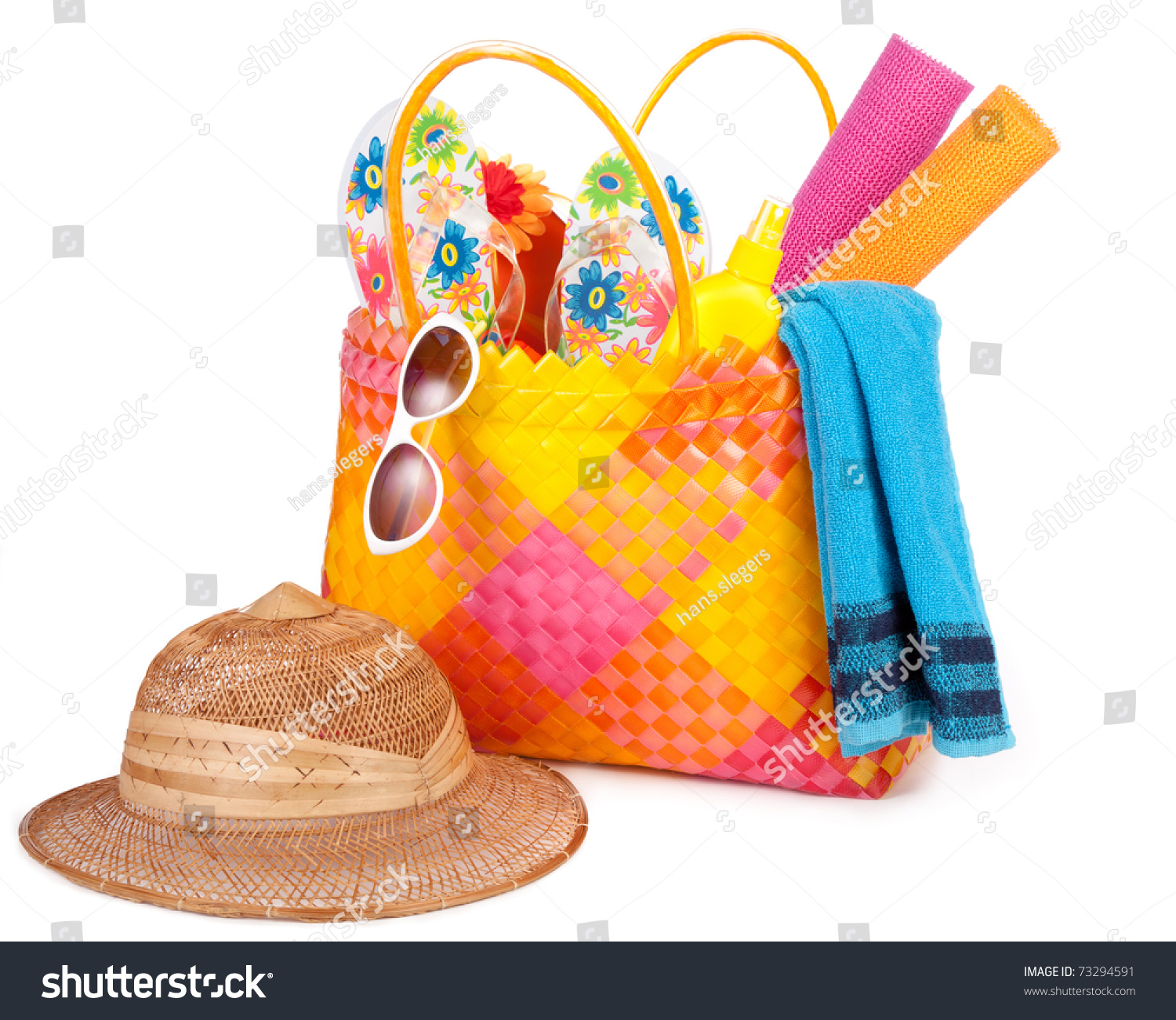 Beach Bag With Towel Sunglasses Flip-Flops And Hat.Isolated On White ...