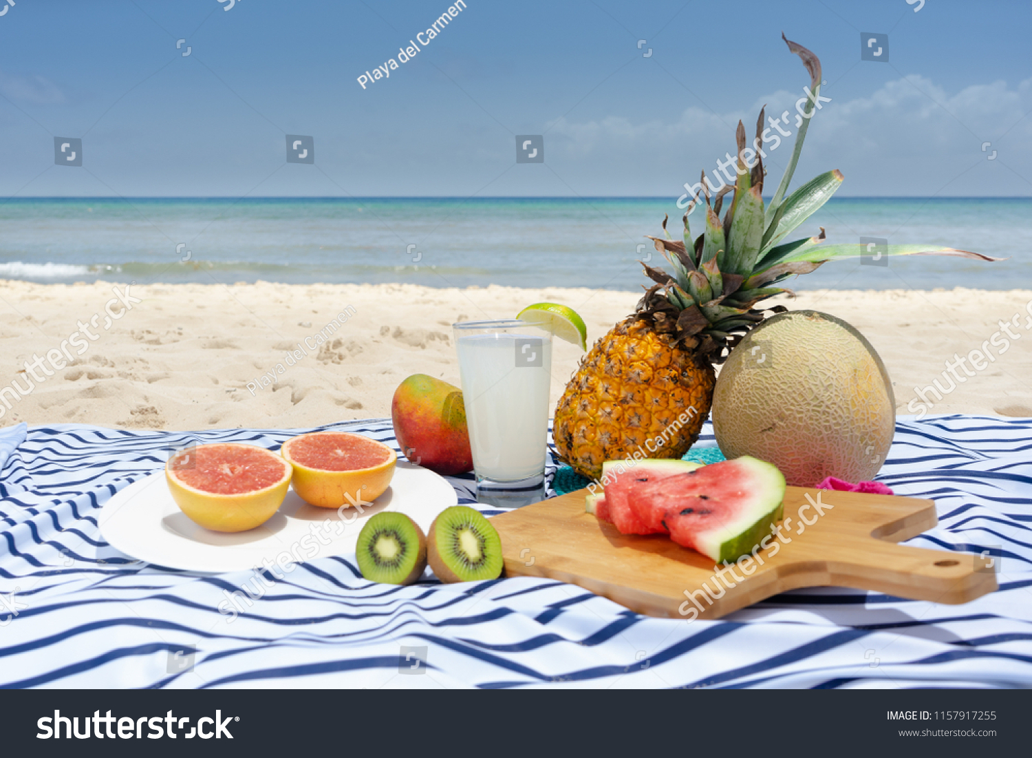 Beach Picnic Lemonade Fruits Cantaloupe Slice Food And Drink Stock Image 1157917255