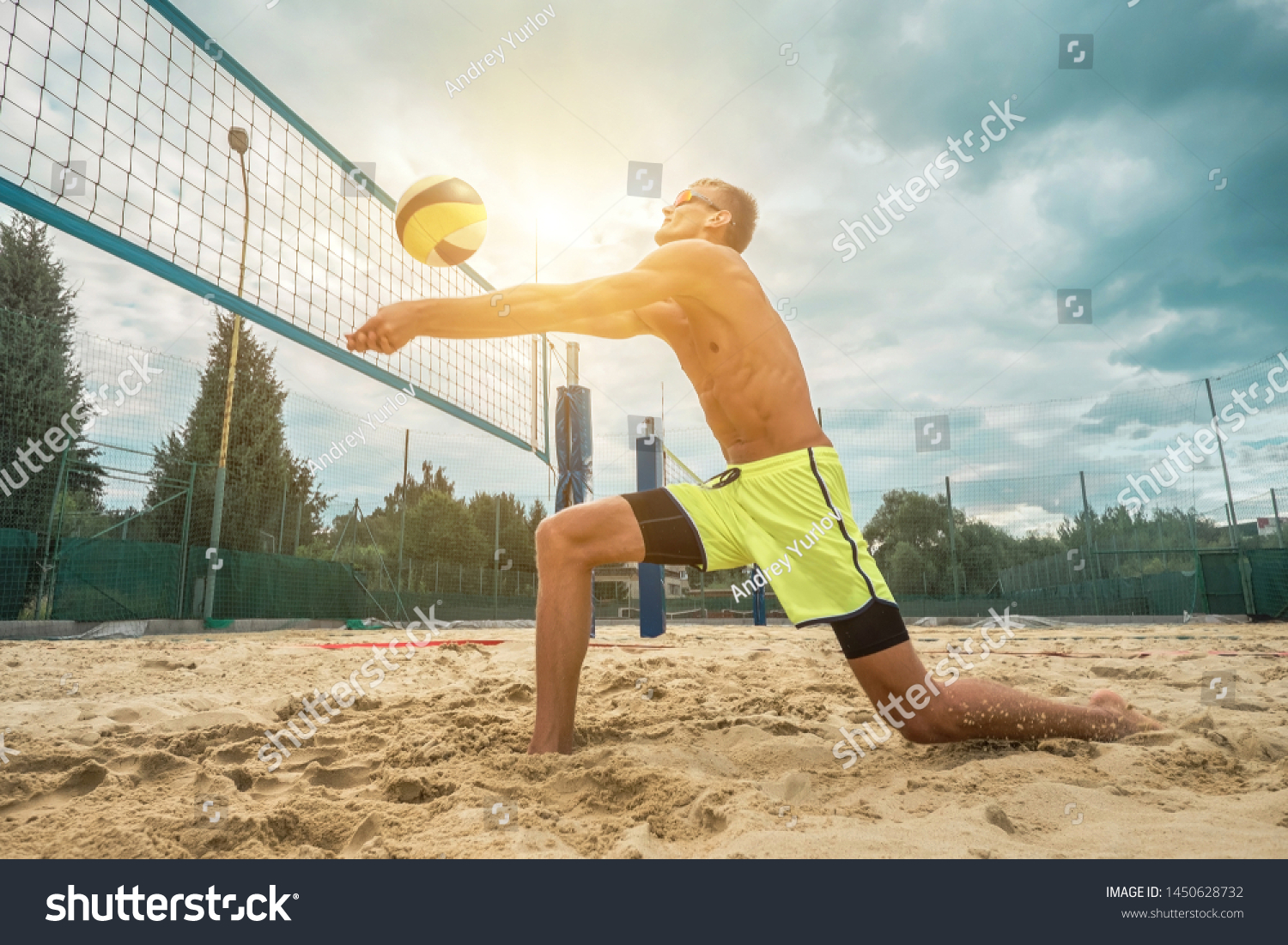 Beach Volleyball Player Sunglasses Action Ball Stock Photo 1450628732