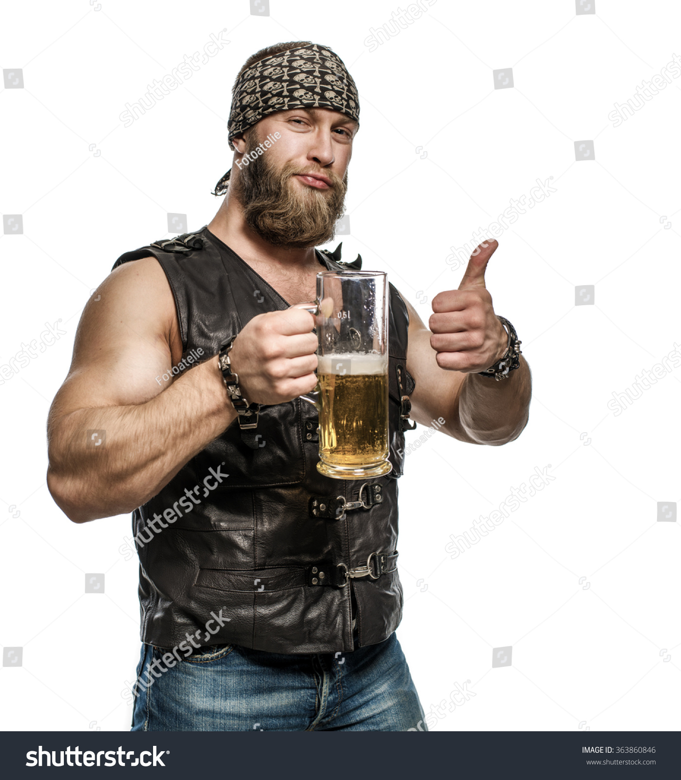 Beard Man Drinking Beer From A Beer Mug Showing Ok Sign Thumbs Up