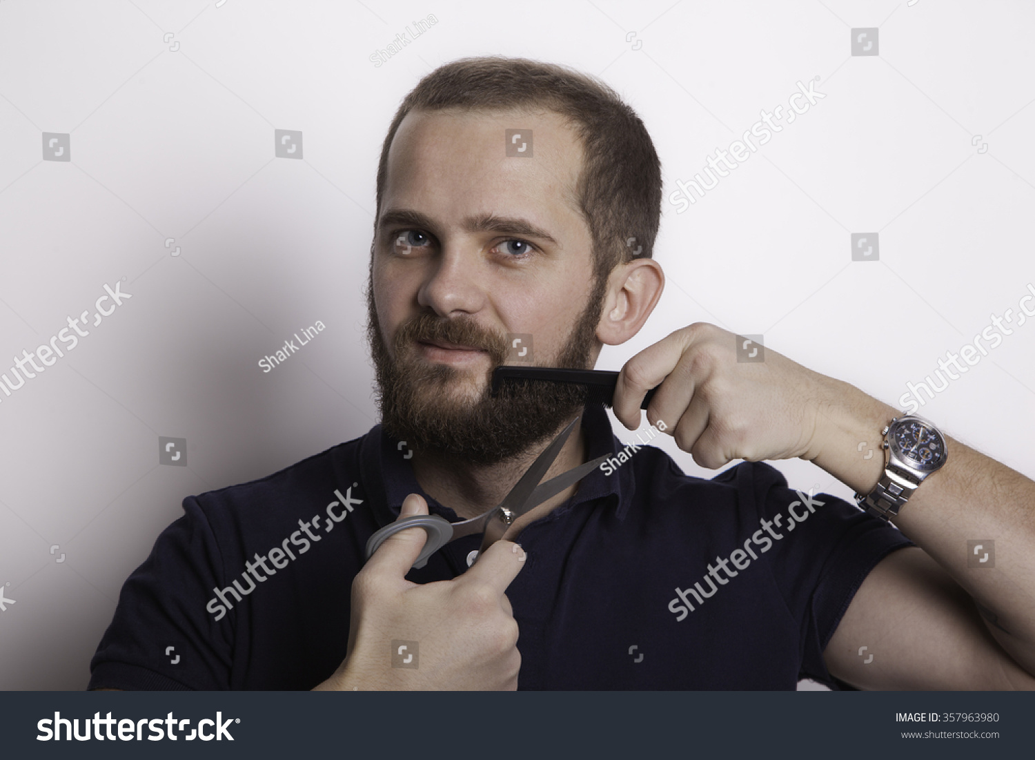 Bearded Man Cut His Beard Scissors Stock Photo 357963980 Shutterstock