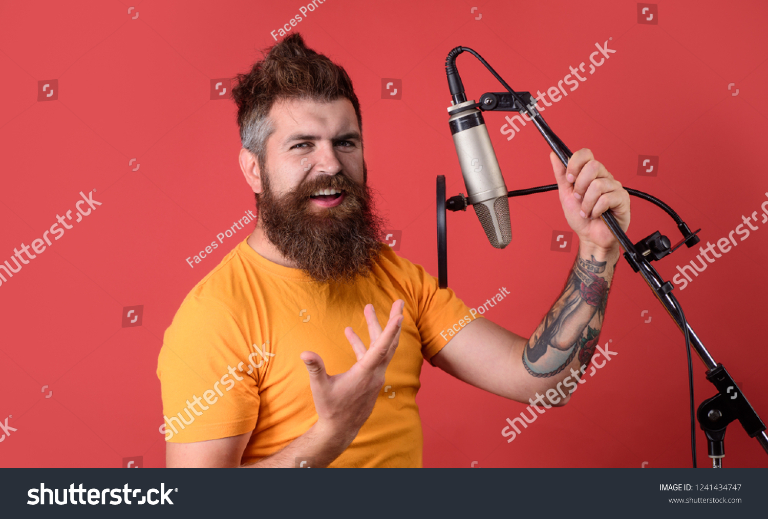 Bearded Man Singing Microphone Brutal Bearded Stock Photo Edit