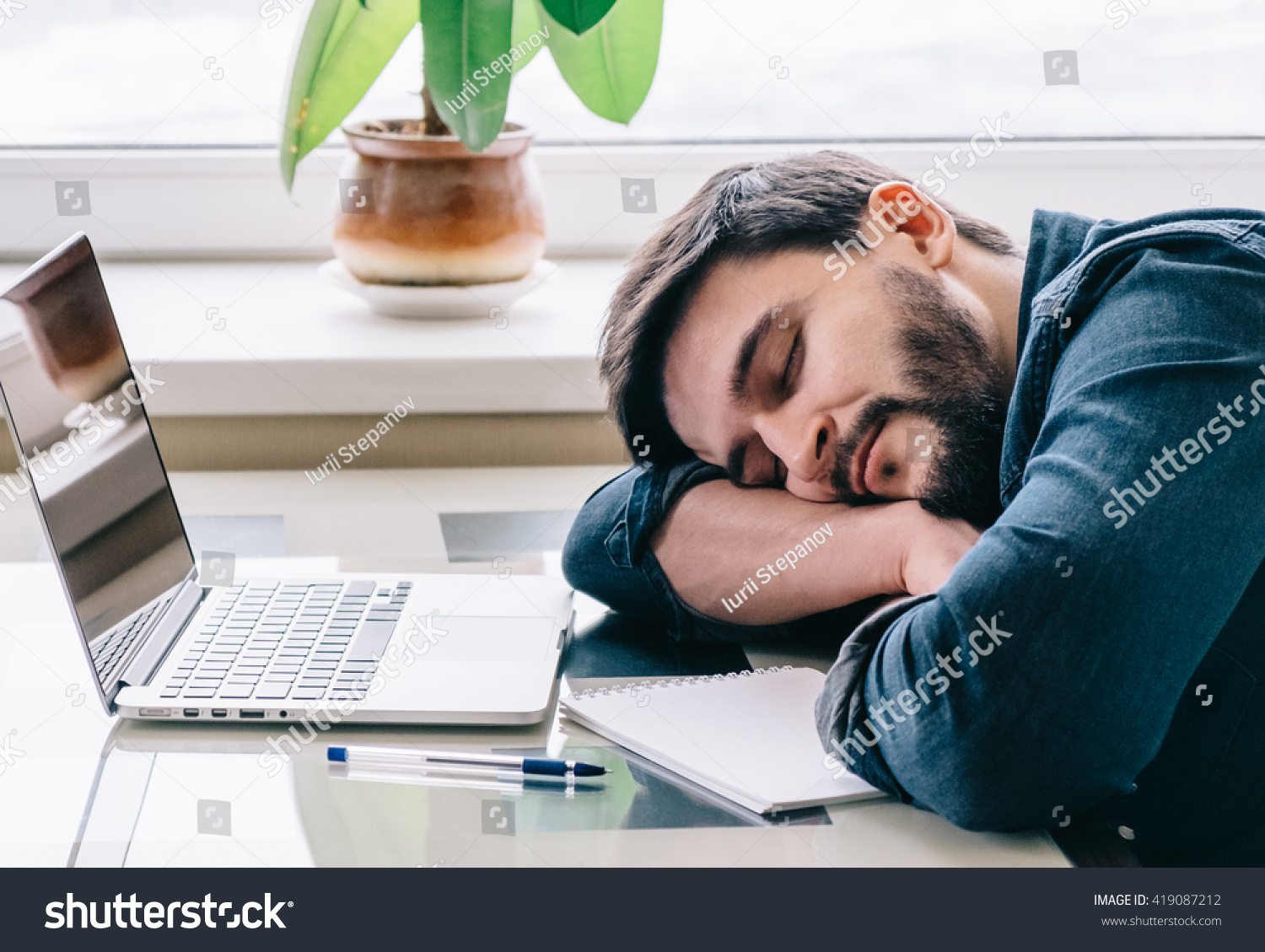 Bearded Man Sleeping His Working Place Stock Photo Edit Now