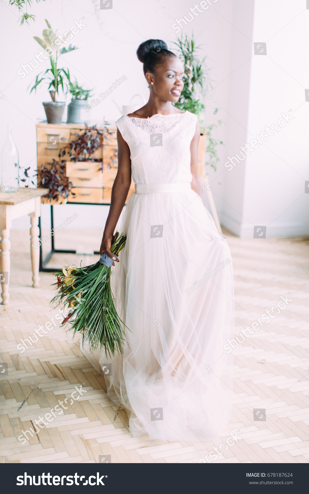 Beautiful African American Bride Tropical Bouquet Stock Photo Edit