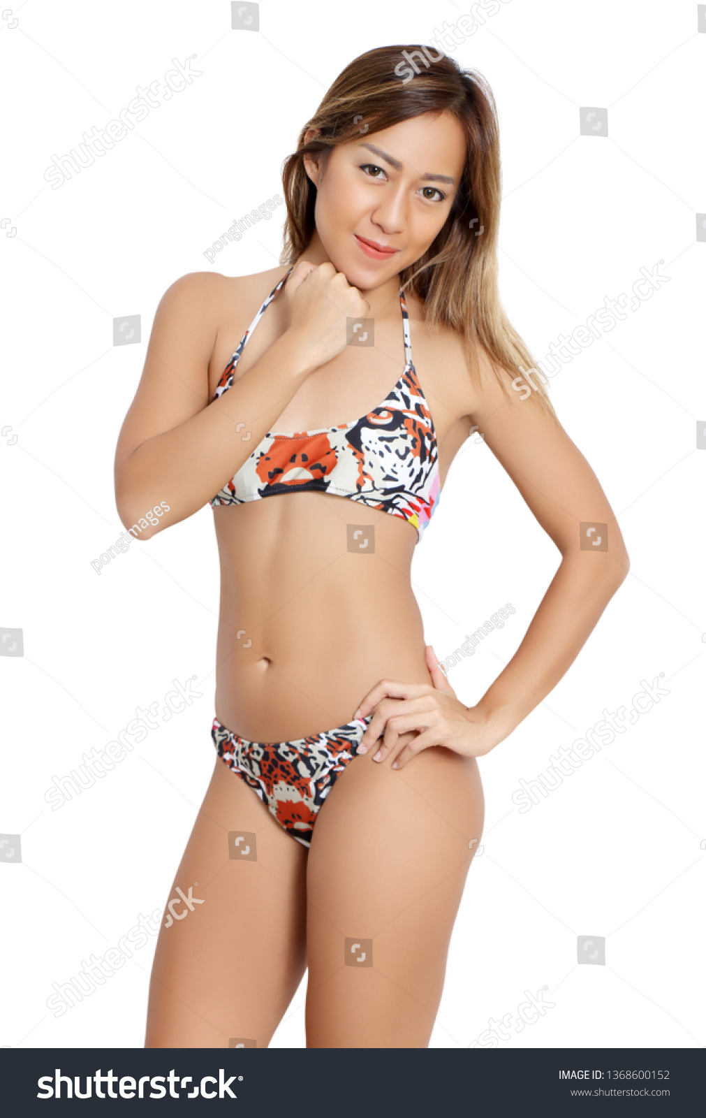 Beautiful Asian Woman Bikini White Background 스톡 사진 1368600152