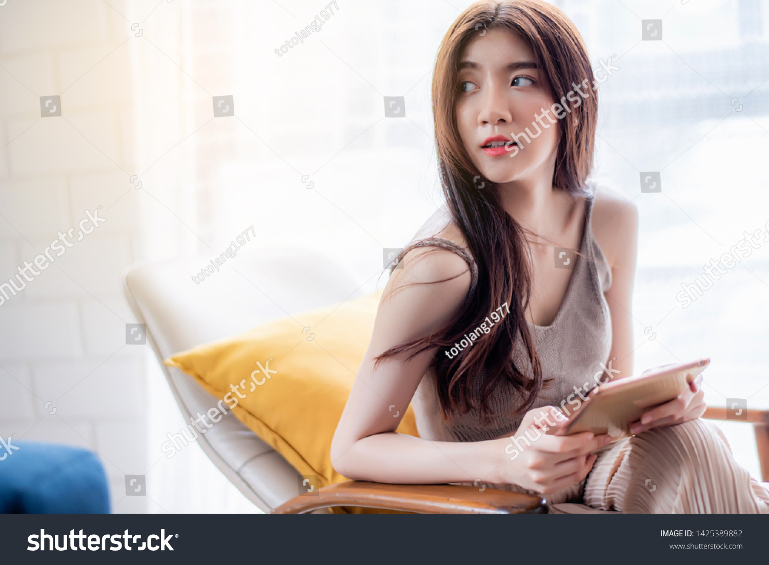 Beautiful Attractive Young Asian Woman Sitting Stock Photo 1425389882 ...