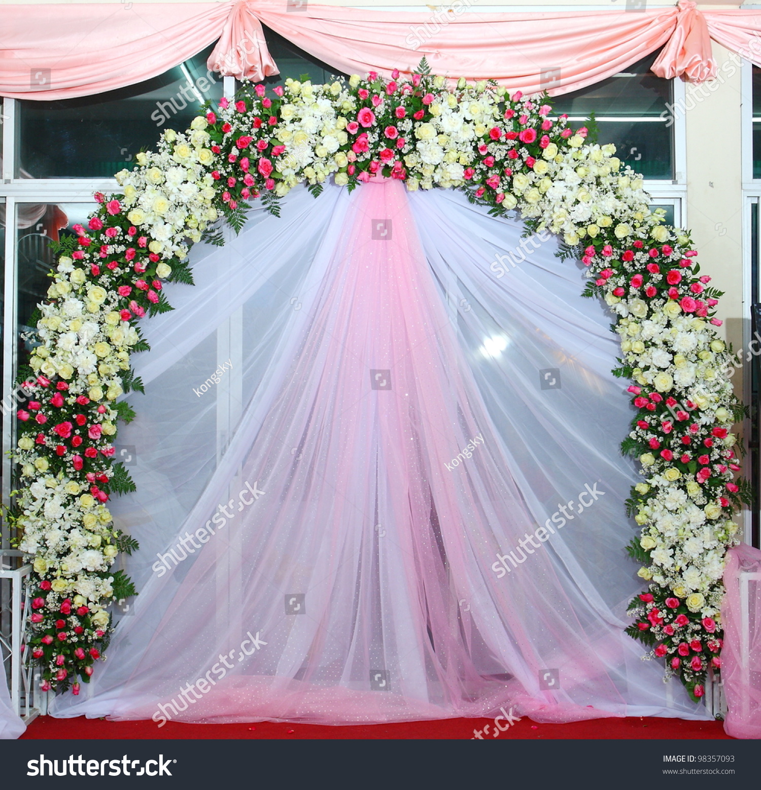 Beautiful Backdrop Flowers Over Pink And White Fabric Ready For Wedding ...