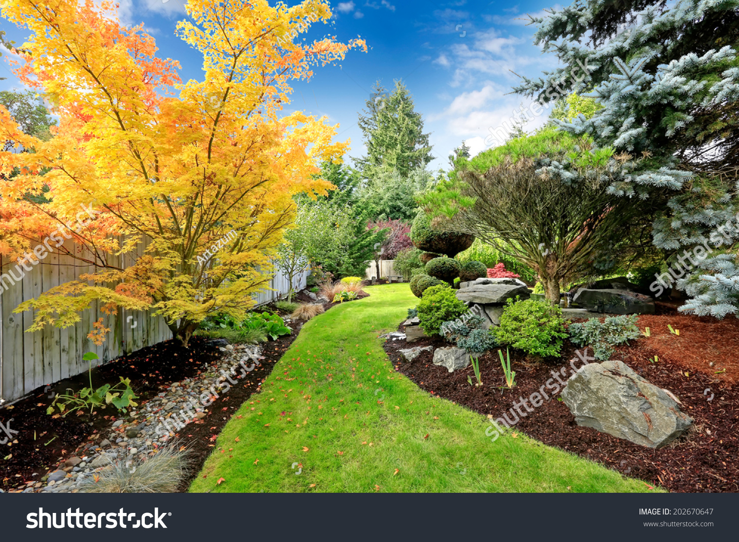 Beautiful Backyard Landscape Design View Colorful Stock Photo