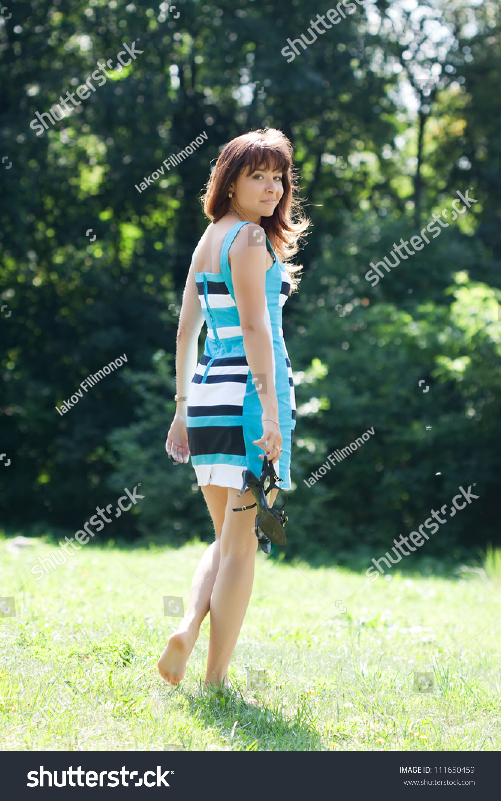 Beautiful Barefoot Woman Walking On Lawn Stock Photo 111650459 ...