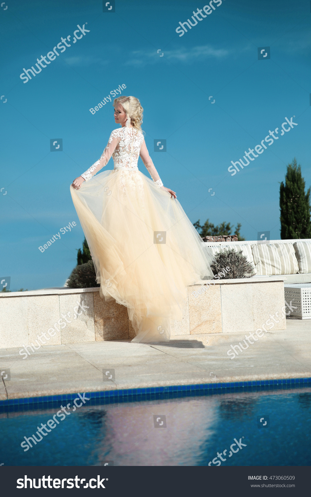 Beautiful Bride Gorgeous Wedding  Dress  Blowing Stock Photo 