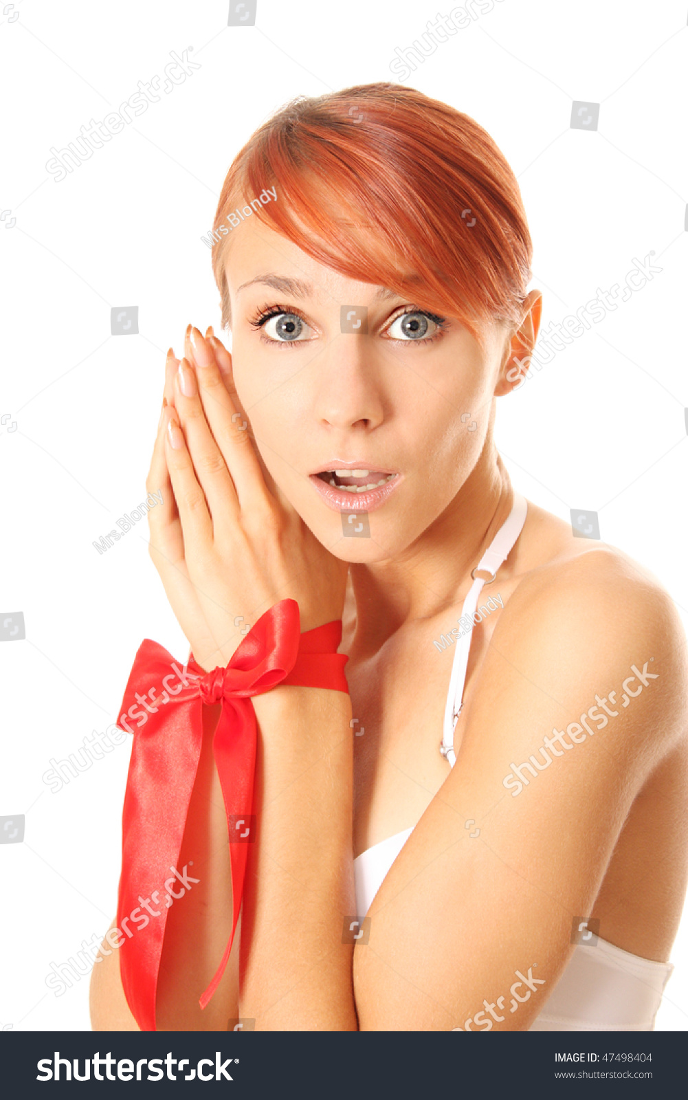 Beautiful Bright Woman With A Red Ribbon On A Neck Stock Photo 47498404 ...