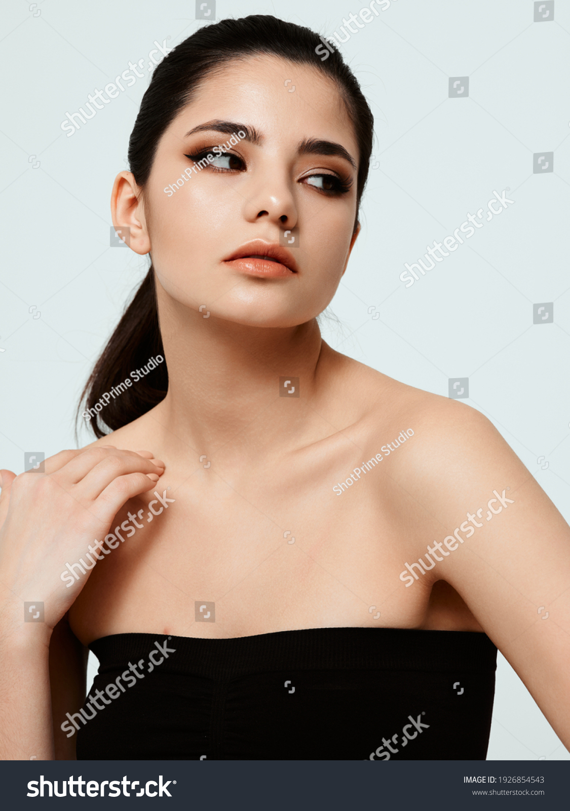 Beautiful Brunette Naked Shoulders Black Dress Stock Photo Shutterstock