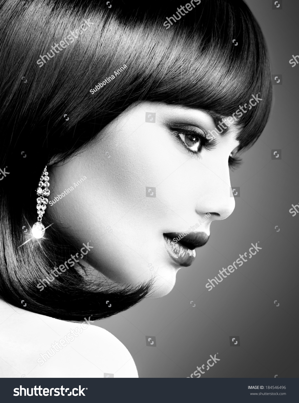 Beautiful Brunette Woman Bob Haircut Fringe Stock Photo