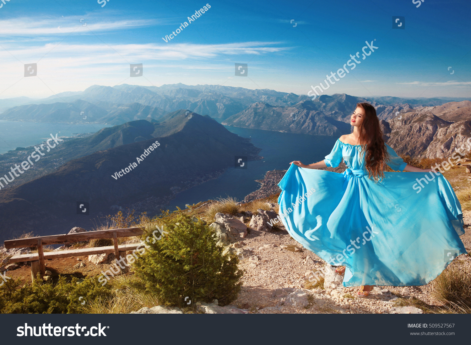 Beautiful Brunette Woman Enjoying Over Mountains Stock Photo 509527567 ...