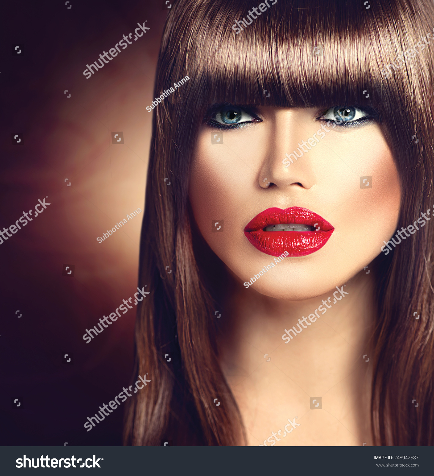 Beautiful Brunette Woman Fashion Fringe Haircut Stock Photo