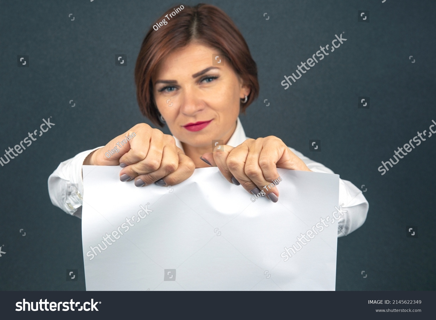 Beautiful Business Woman Tearing White Paper Stock Photo 2145622349 ...