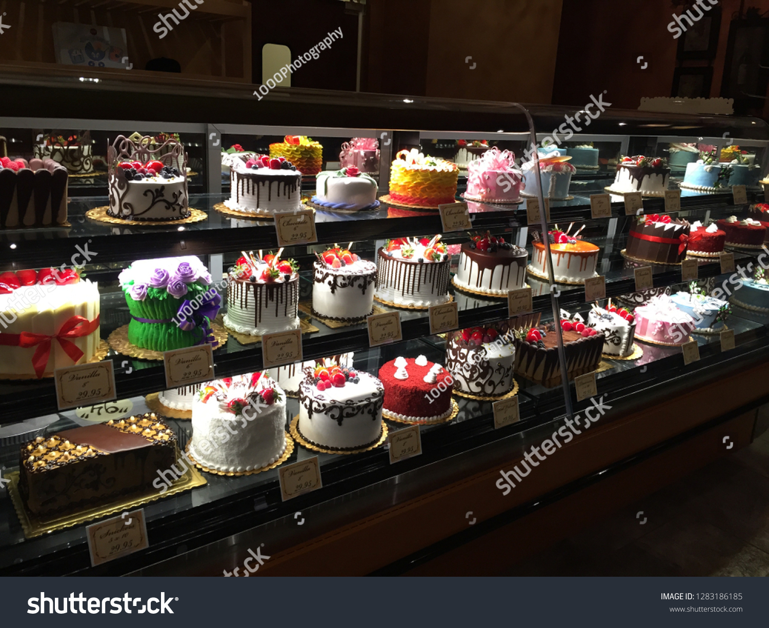 Beautiful Cakes On Display Local Bakery Stock Photo 1283186185