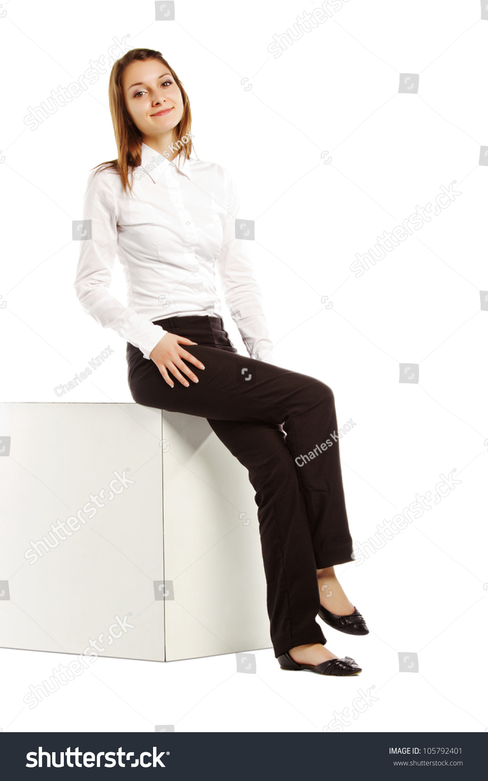 Beautiful Caucasian Business Woman Sitting On White Block Stock Photo ...