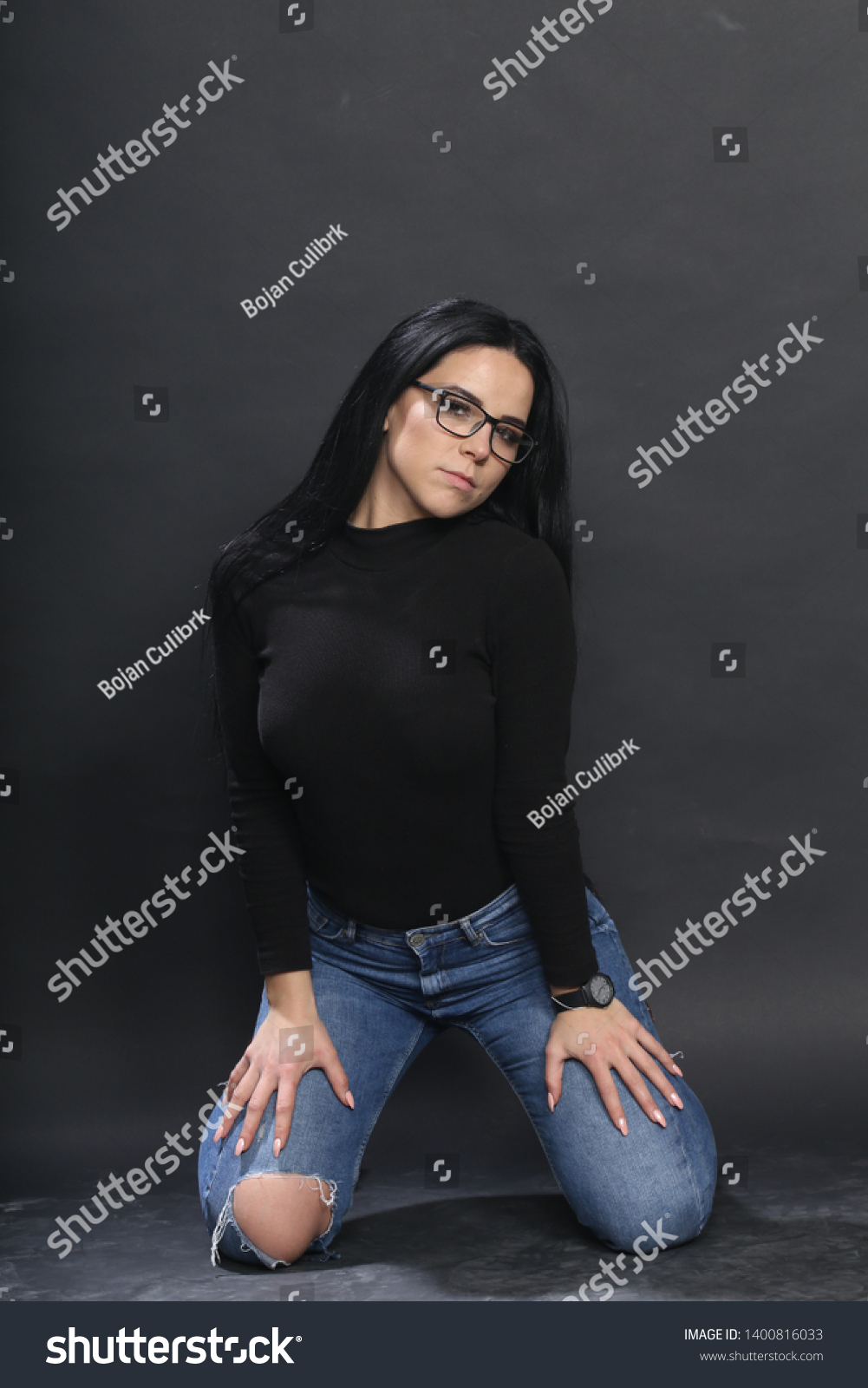 Beautiful Caucasian Girl Black Hair Posing Stock Photo Edit Now 1400816033