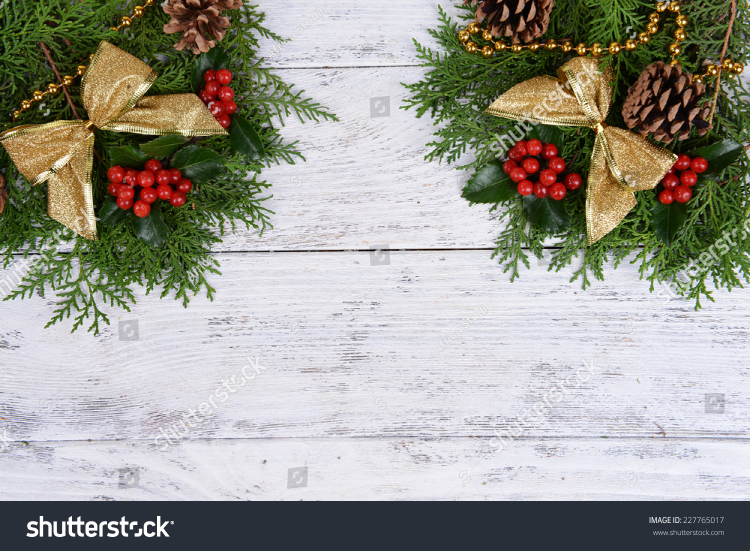 Beautiful Christmas Border From Fir And Mistletoe On Wooden Background ...