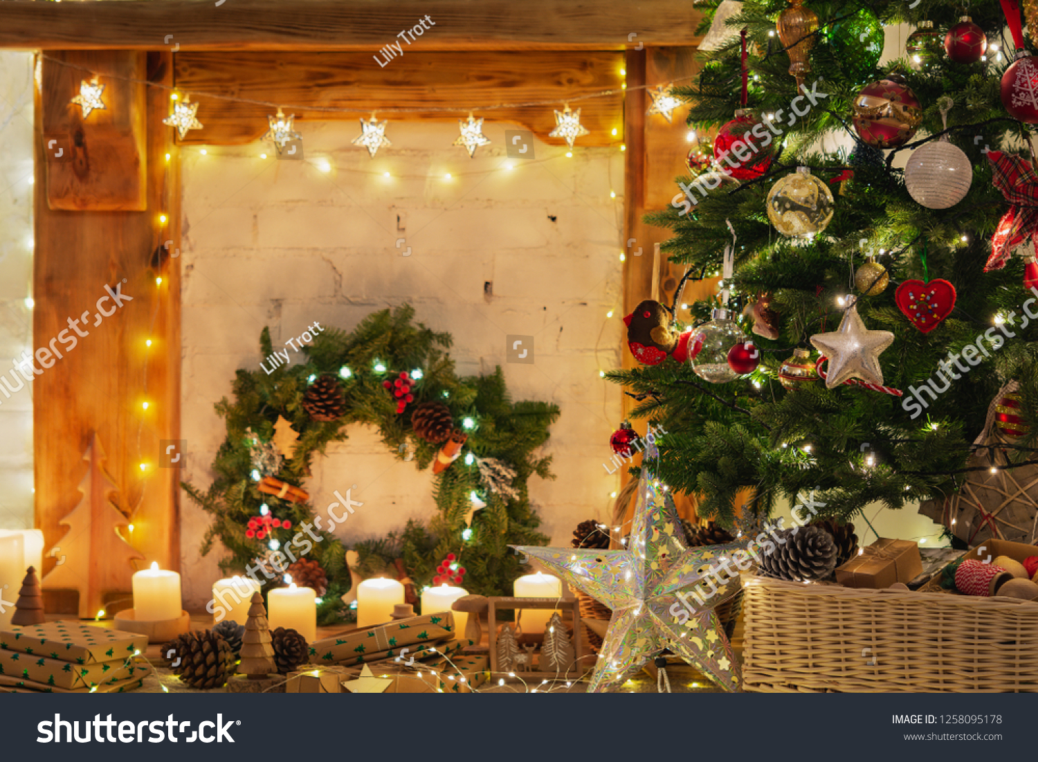 Beautiful Christmas Setting Decorated Fireplace Wooden Stock Photo