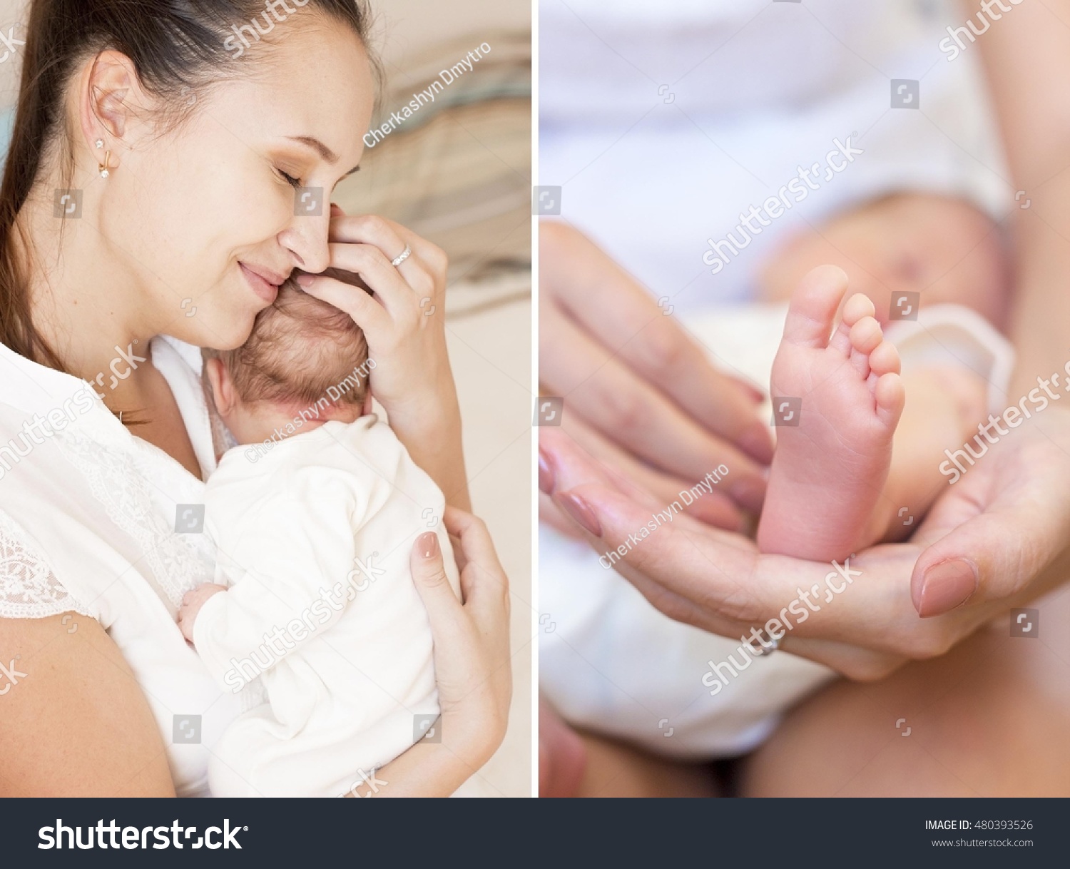 Beautiful collage of delicate picture of the child and mother photo legs handles baby