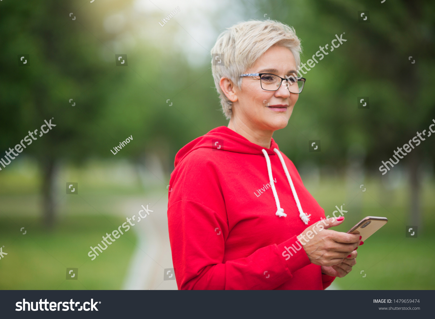 Beautiful Elderly Woman Short Haircut Sportswear Stock Photo Edit