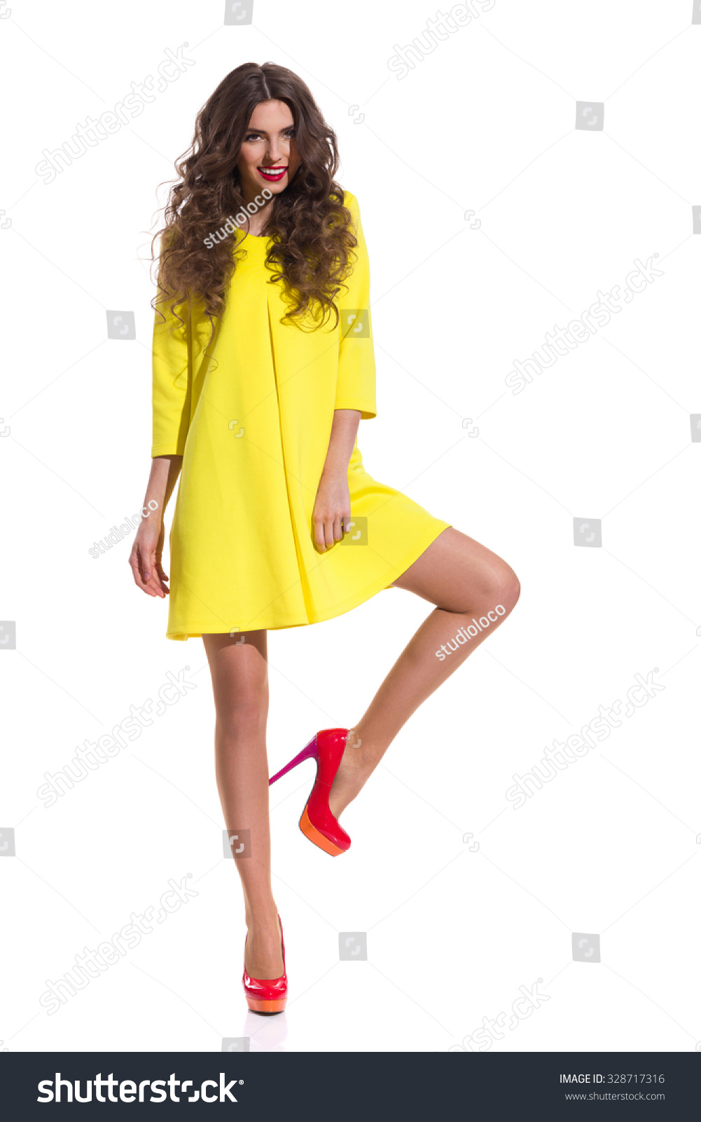 yellow dress and red shoes