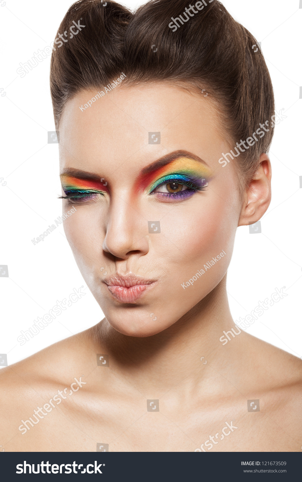 Beautiful Female Face With Rainbow Makeup. Girl Is Winking Pursed Lips ...