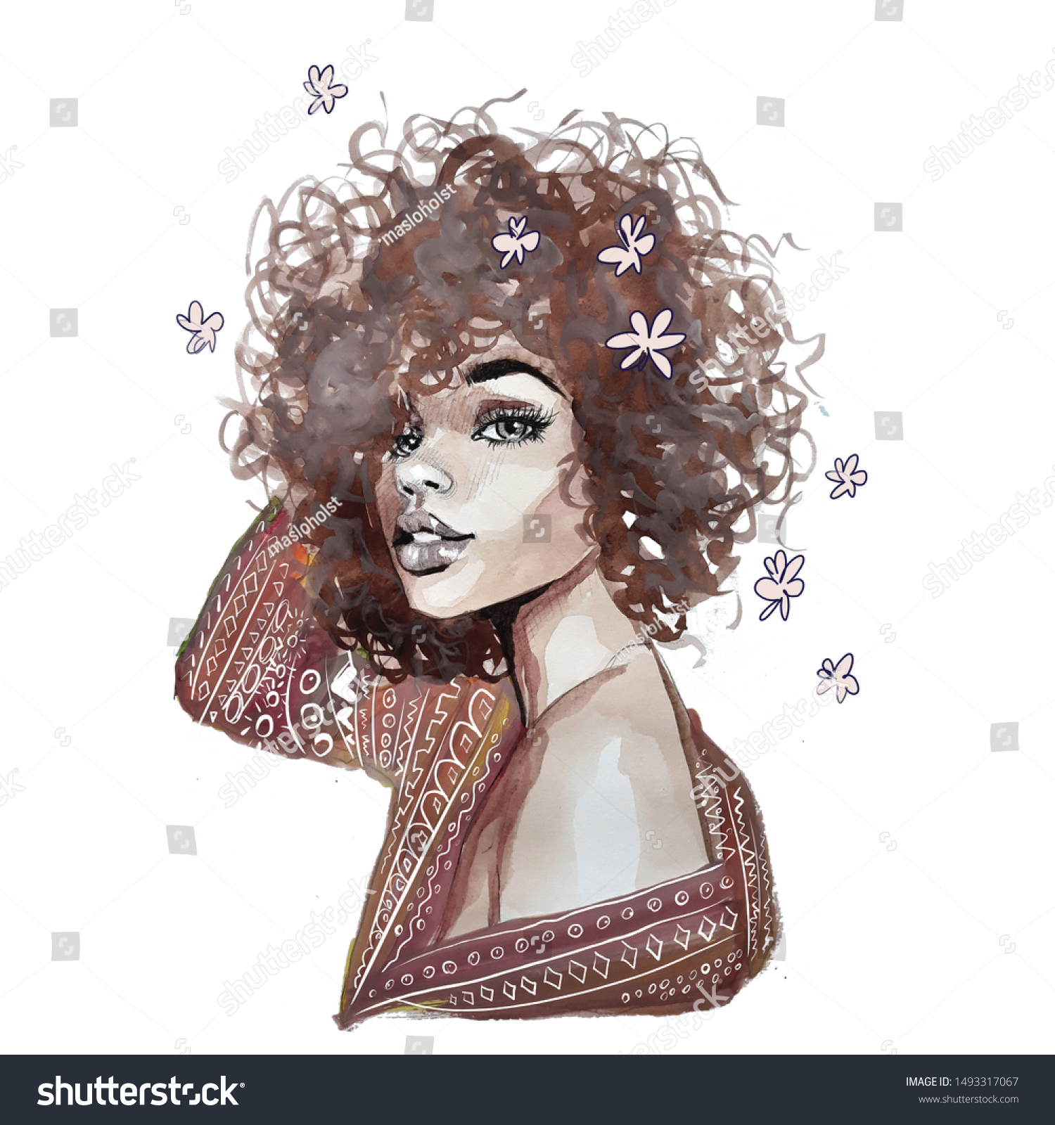 Beautiful Flower Watercolor Girl Curly Hair Stock