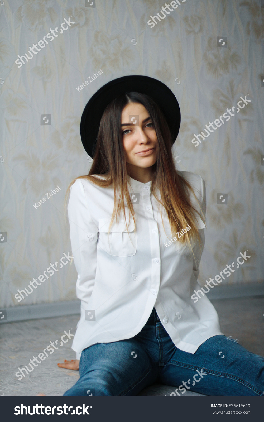 Beautiful Girl White Shirt Blue Jeans Stock Photo Edit Now