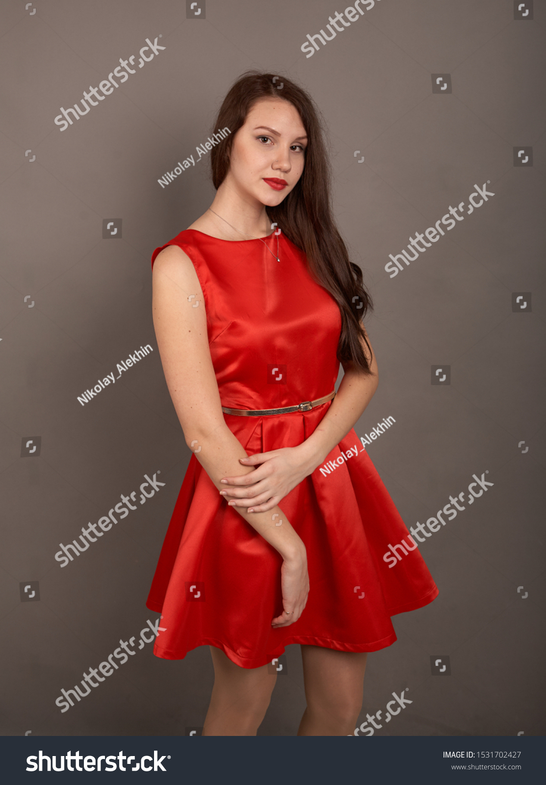 grey red dress