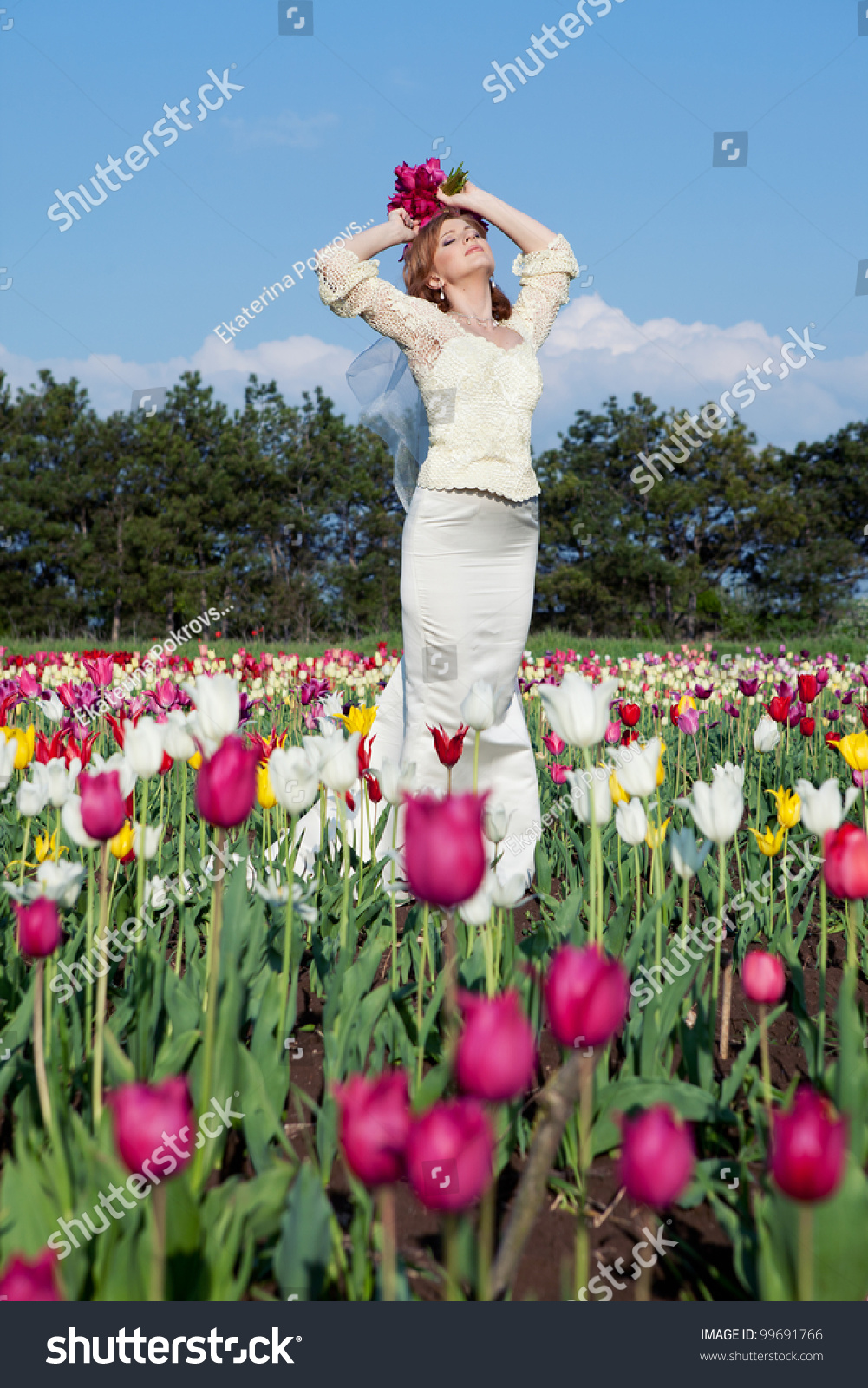 Beautiful Girl In Wedding Dress In Tulips Field Stock Photo 99691766 ...