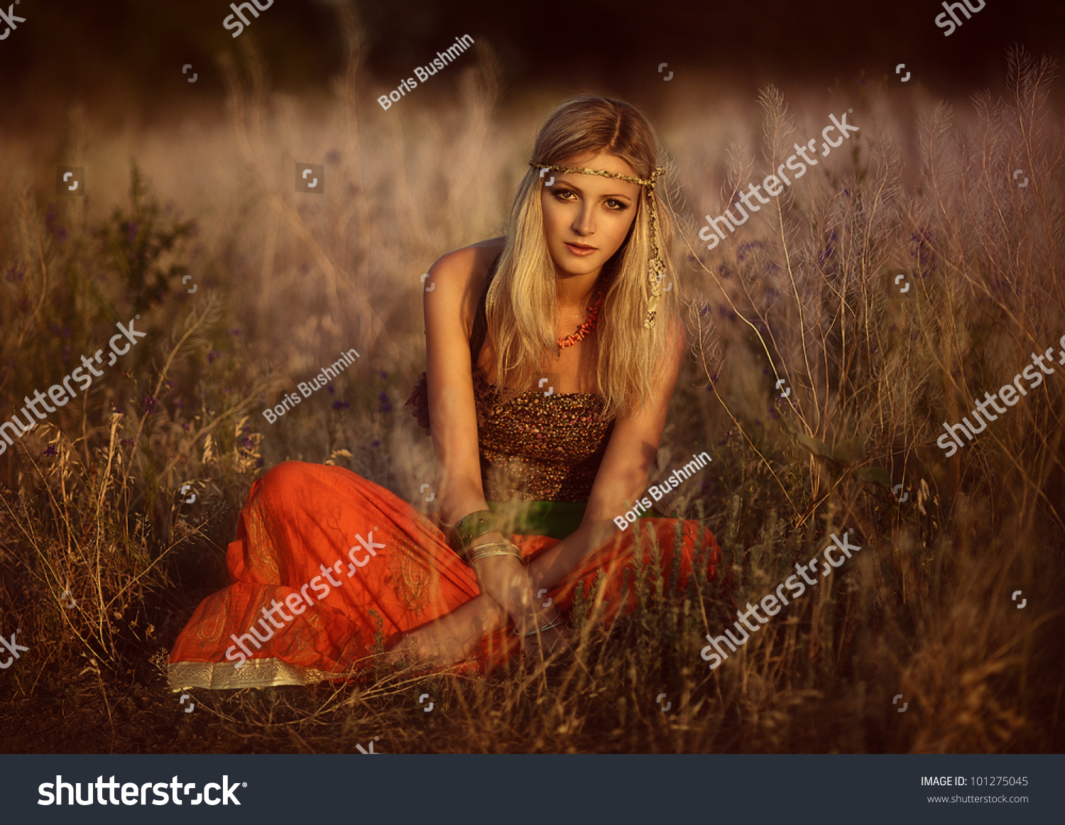 Beautiful Girl Of Hippie In The Field Stock Photo 101275045 : Shutterstock