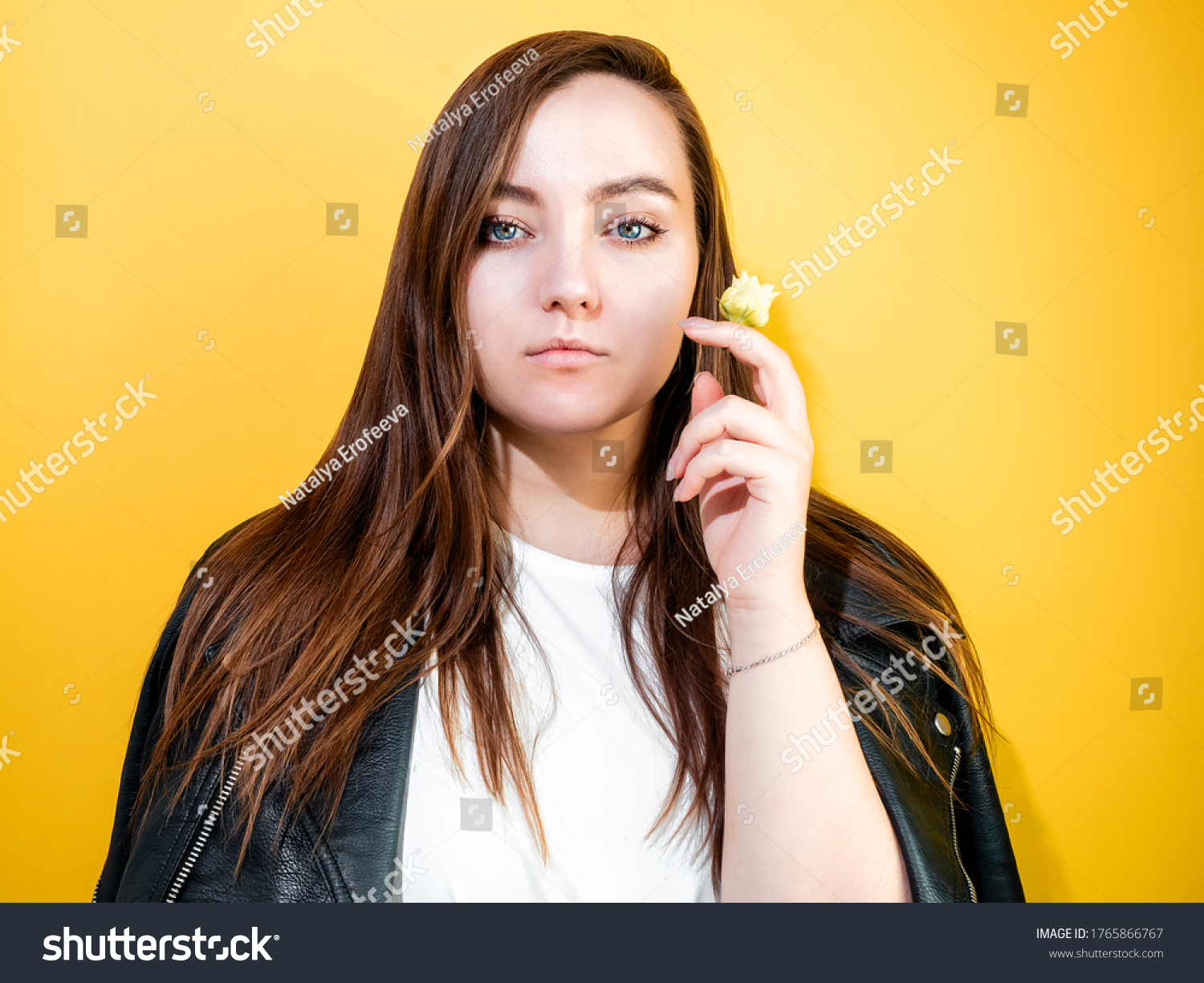  Beautiful Girl Posing Small Flower His Stock Photo (Edit Now) 1765866767