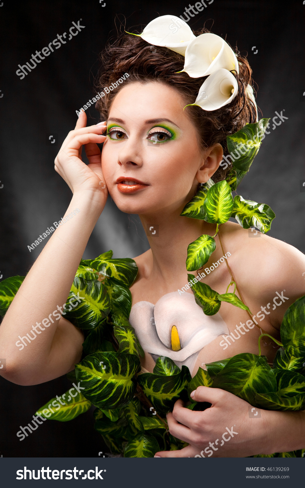 Beautiful Girl With Body Art And White Flowers In Hair Stock Photo ...