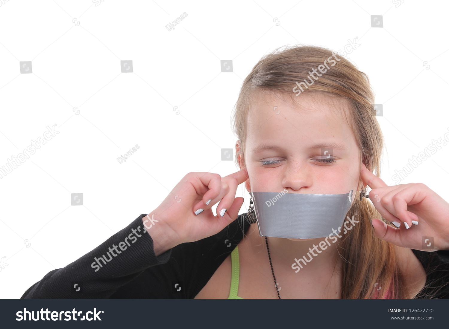 Beautiful Girl With Duct Tape And Covering Her Ears Stock Photo ...