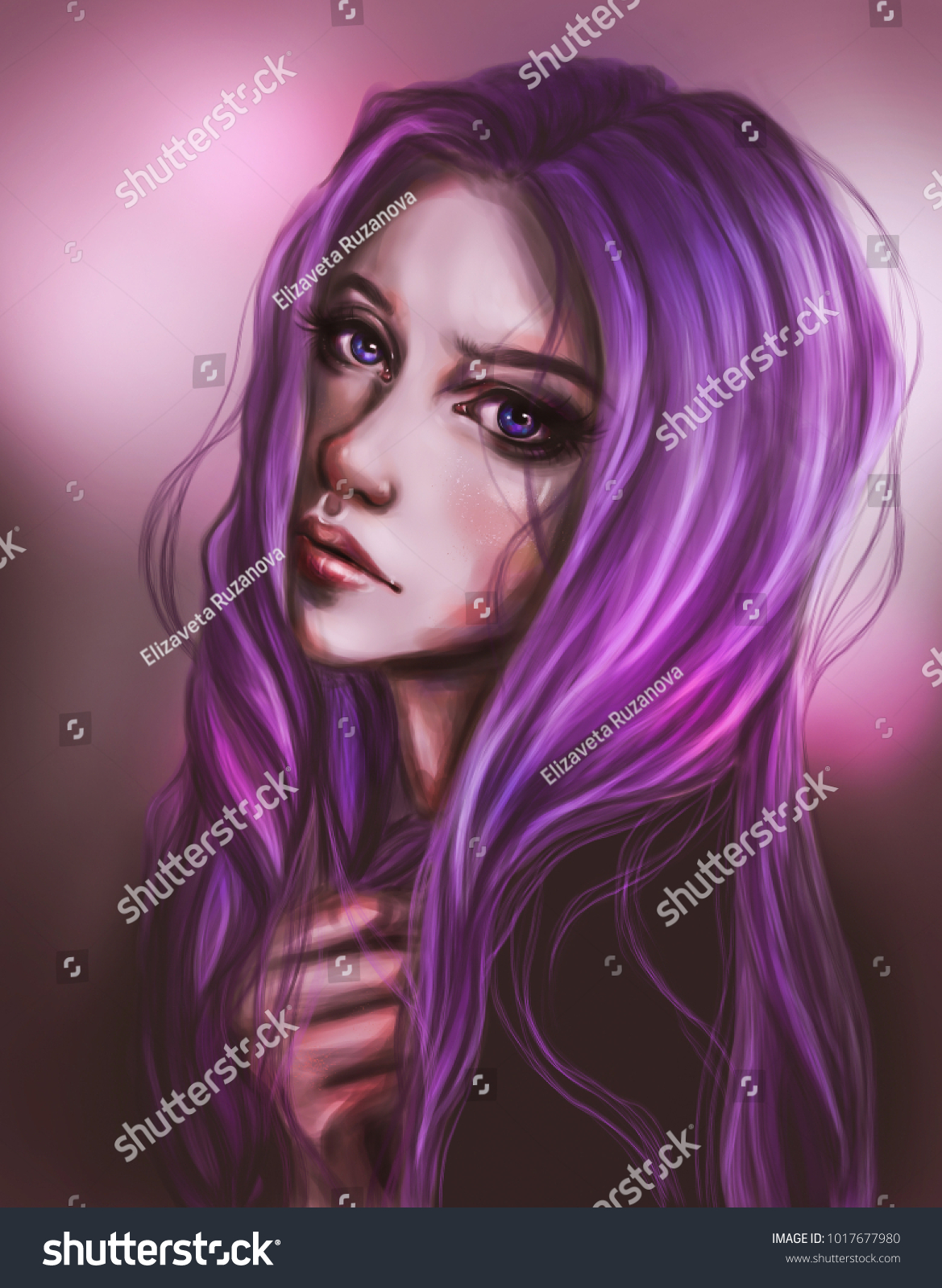 Beautiful Girl Purple Hair Blue Eyes Stock Illustration 1017677980