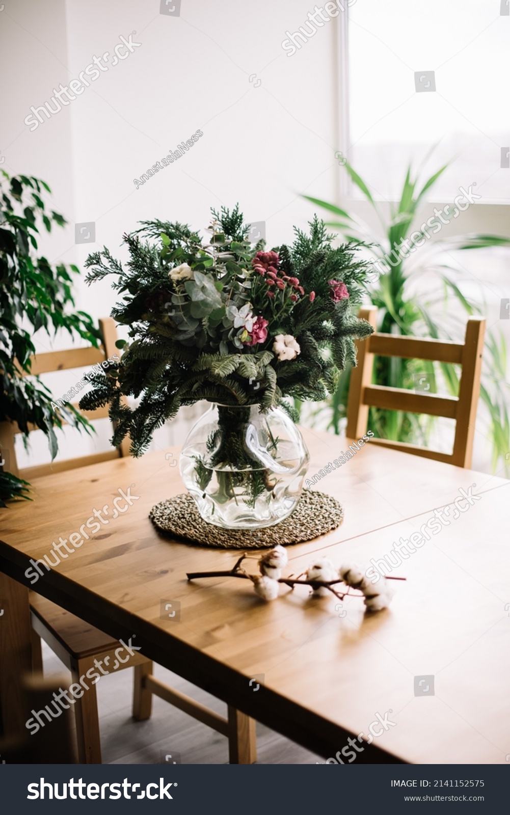 Beautiful Glass Vase Full Fresh Eucalyptus Stock Photo 2141152575   Stock Photo Beautiful Glass Vase Full Of Fresh Eucalyptus And Nobilis Spruce Decorated With Festive Christmas 2141152575 