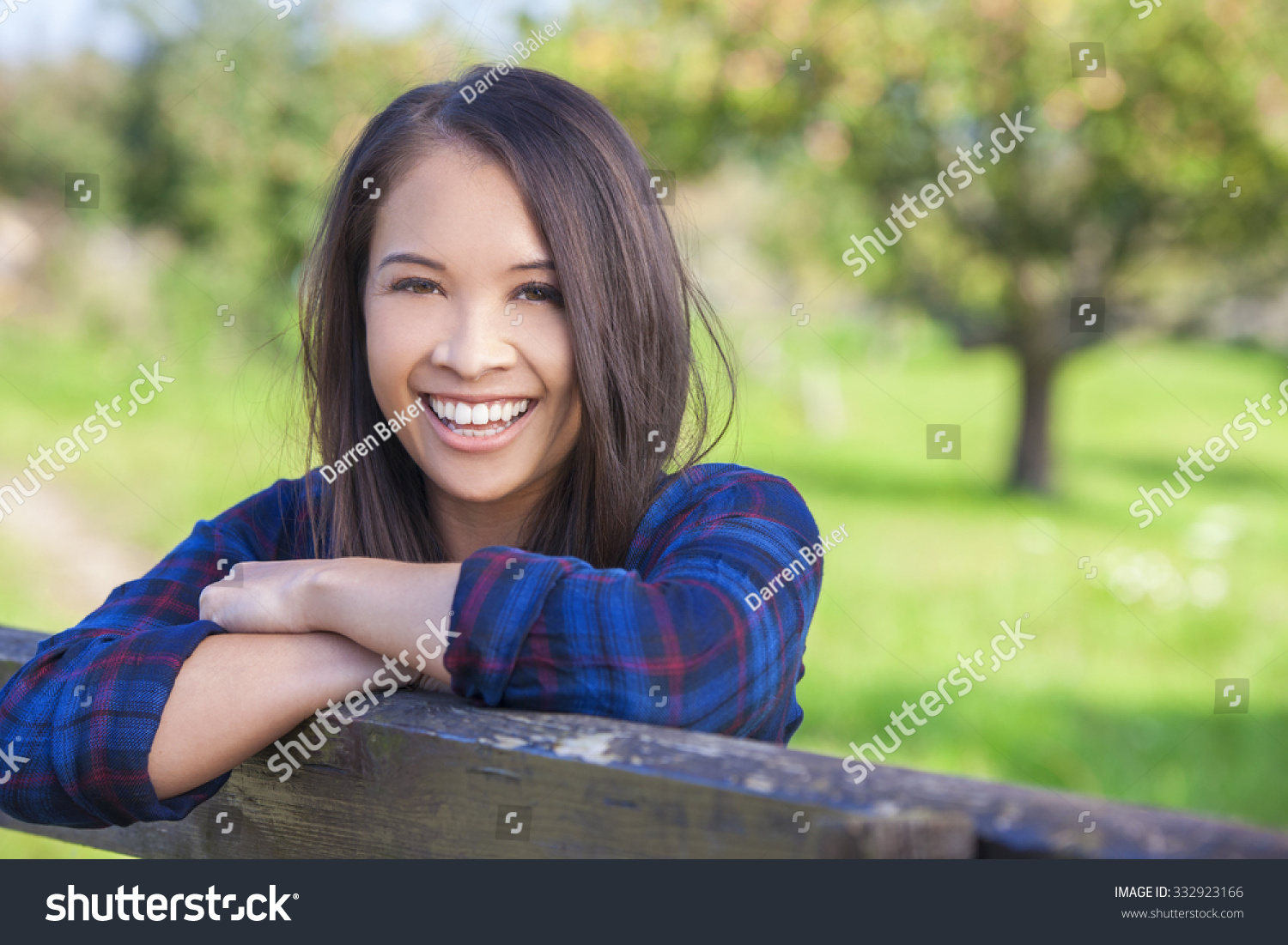 Beautiful Happy Asian Eurasian Young Woman Or Girl Wearing Denim Shirt ...