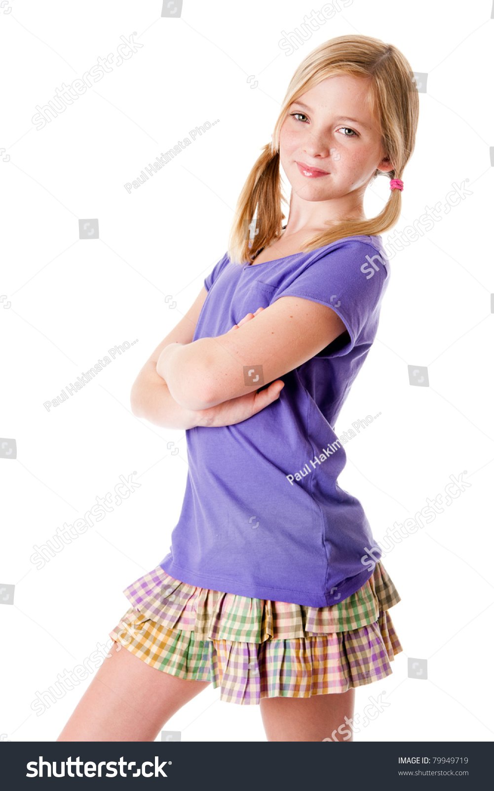 Beautiful Happy Cute Teenager Girl With Skirt And Purple Shirt Summer ...