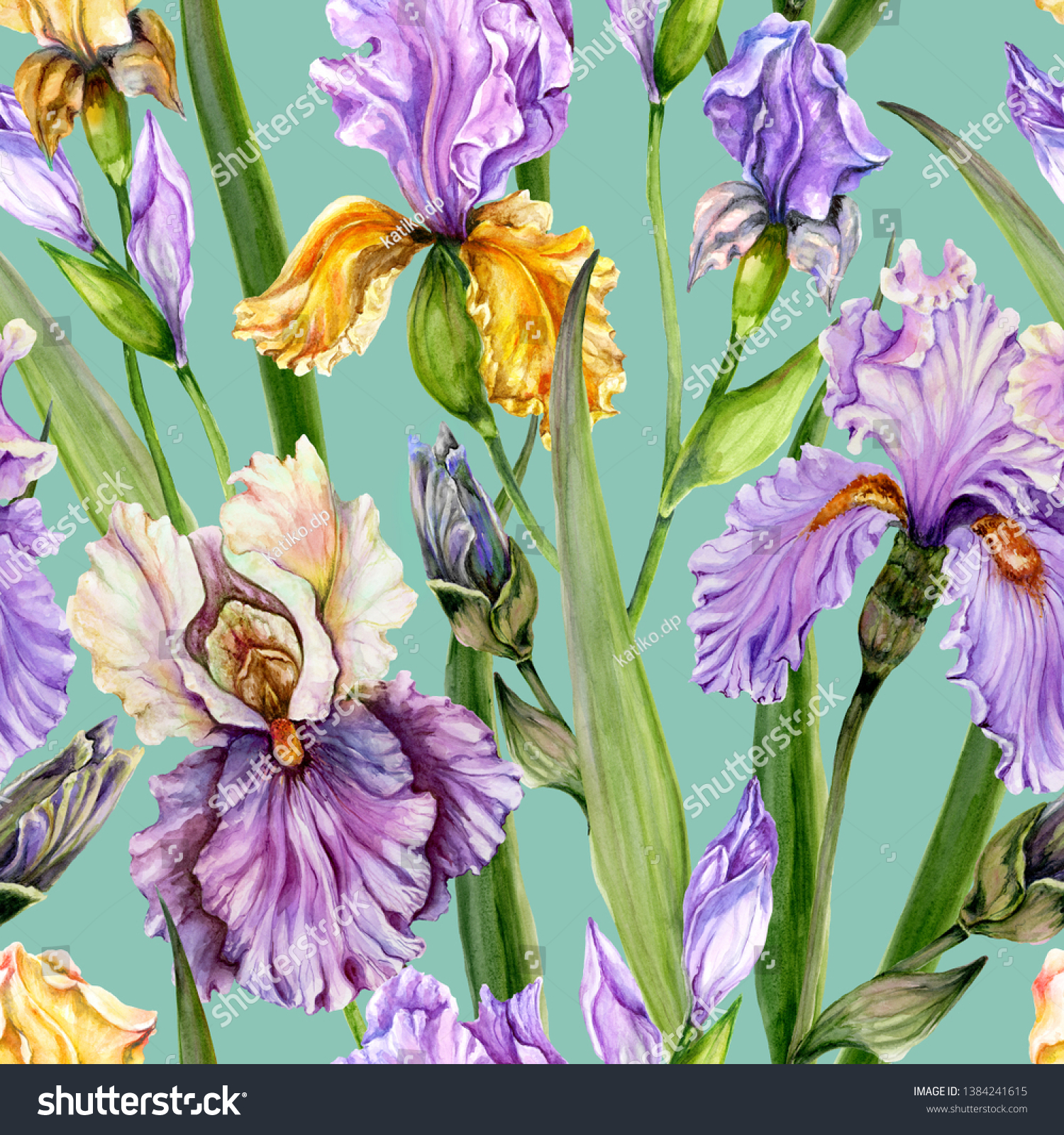 Beautiful Iris Flowers Leaves On Verdigris Stock Illustration ...