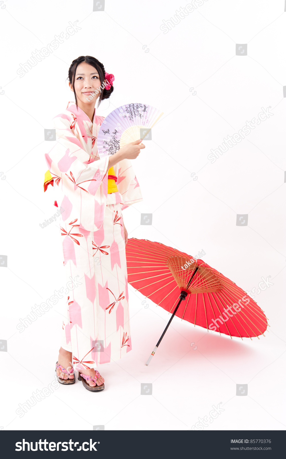 Beautiful Japanese Kimono Woman With Red Traditional Umbrella Stock ...