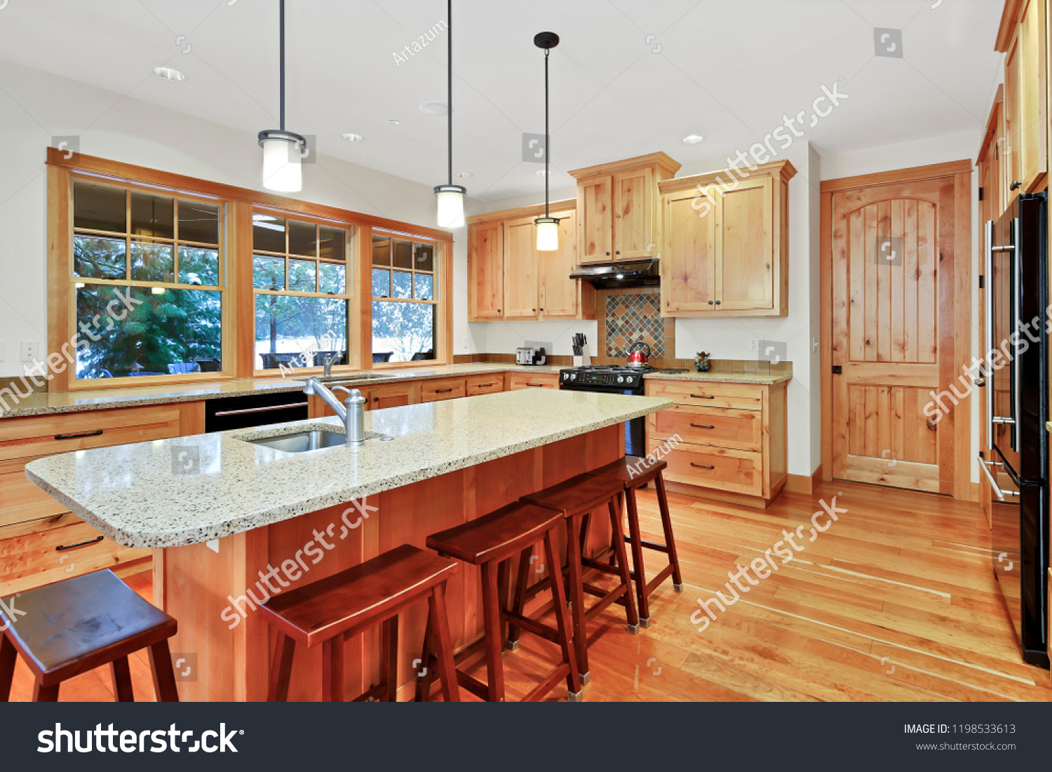Beautiful Kitchen Light Wood Cabinets Granite Stock Photo Edit