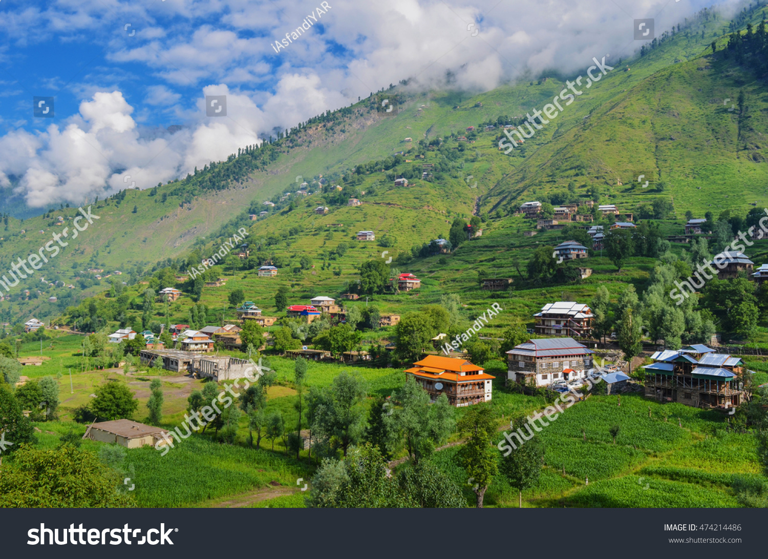 Beautiful landscape view of kashmir pakistan village houses made of woods