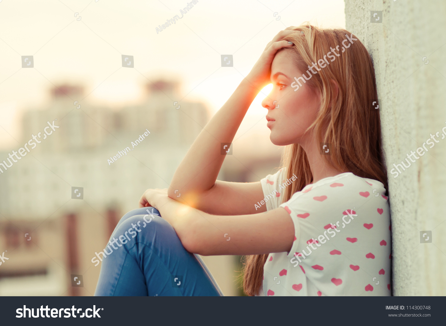 Beautiful Lonely Girl Sitting On Roof Stock Photo 114300748 - Shutterstock-3075