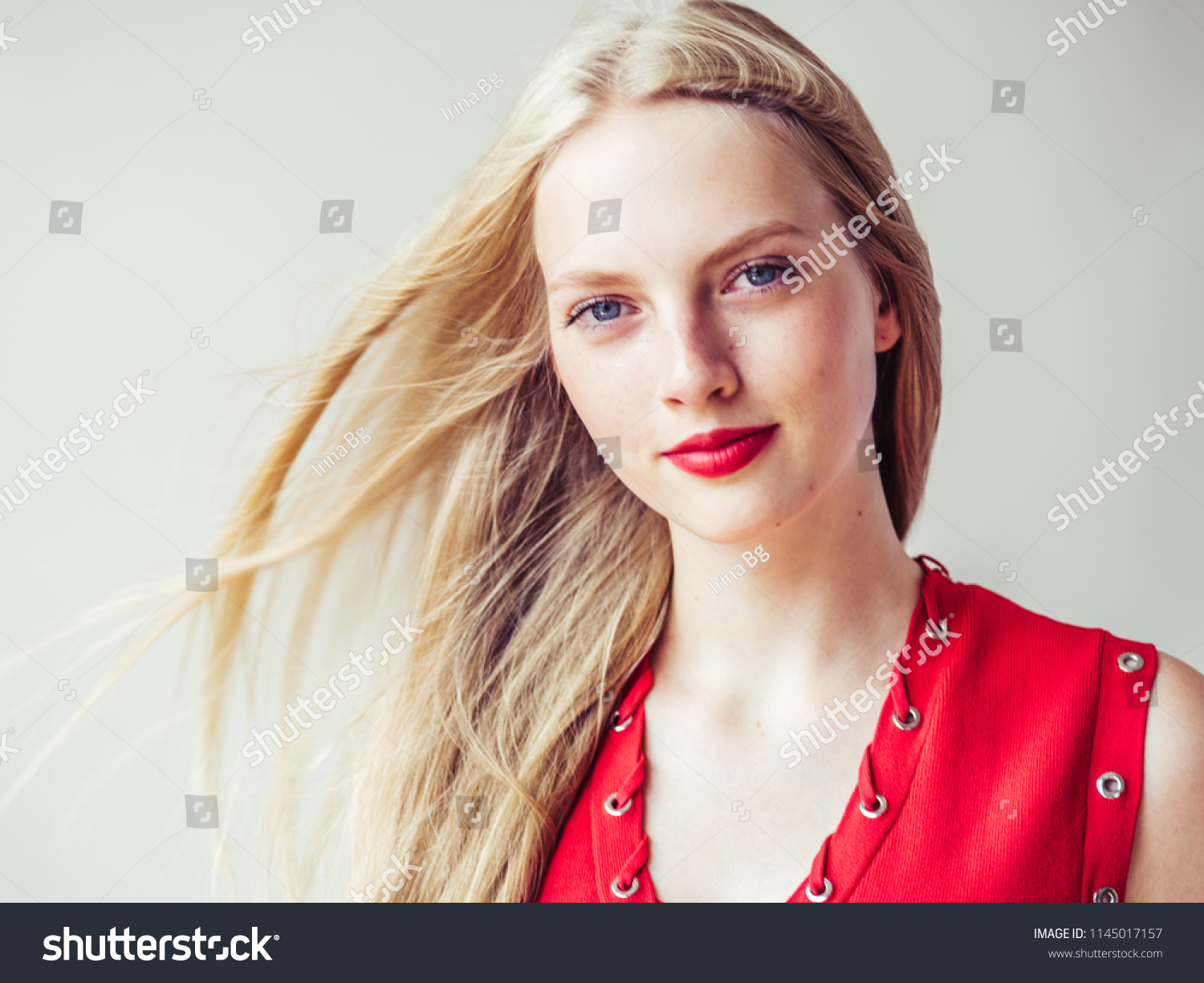 Beautiful Long Blonde Hair Woman Red Stock Photo Edit Now 1145017157