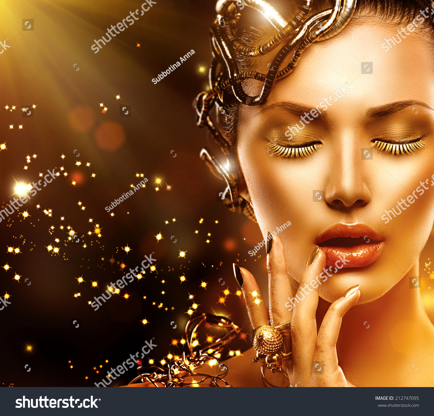 Beautiful Magic Woman Portrait Golden Makeup Stock Photo 